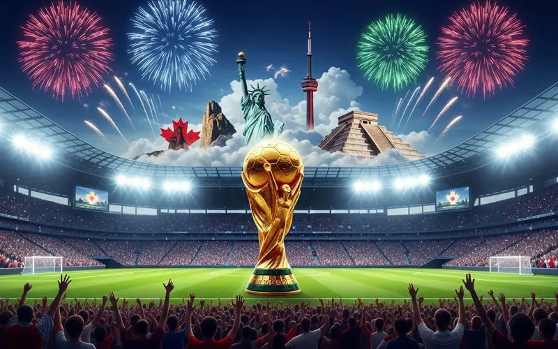 Image Generated by AI of a FIFA World Cup 2026 promotional graphic showing the trophy and iconic landmarks from the USA, Canada, and Mexico in a packed stadium.